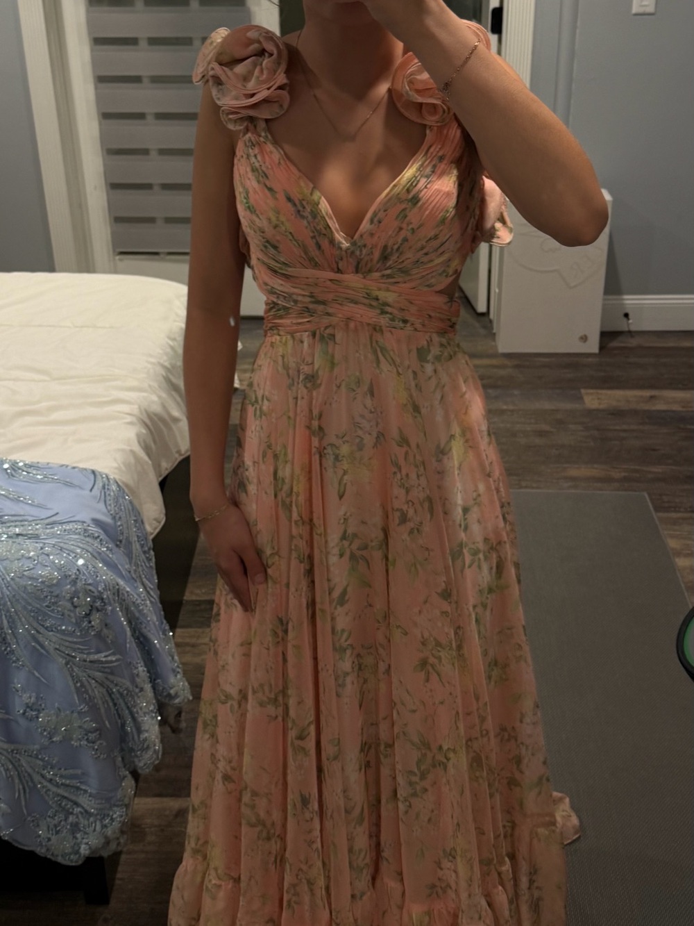 Mac Duggal Blush Pink Floral Maxi Dress with Ruffled Shoulders - Picture 6 of 6